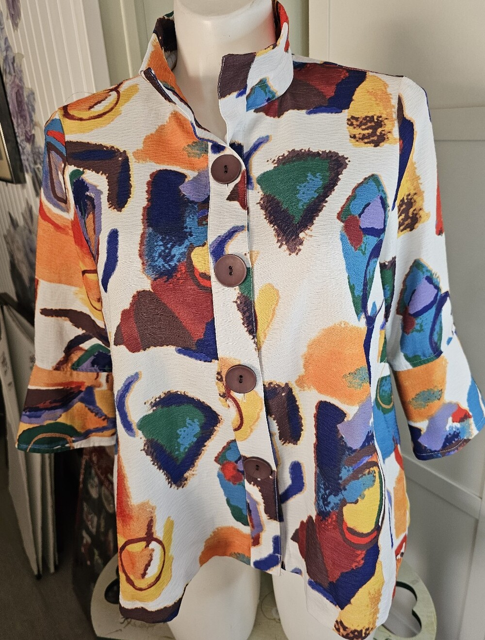 Ali Miles PL Fit Lg blouse Abstract Art Print Multicolor 3/4 Sleeve Button Front